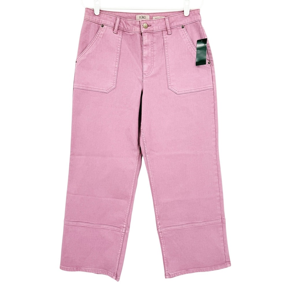 LOGO Lori Goldstein Womens Wide Leg Crop Pants Sz 12P Pink Stretch High Rise NWT